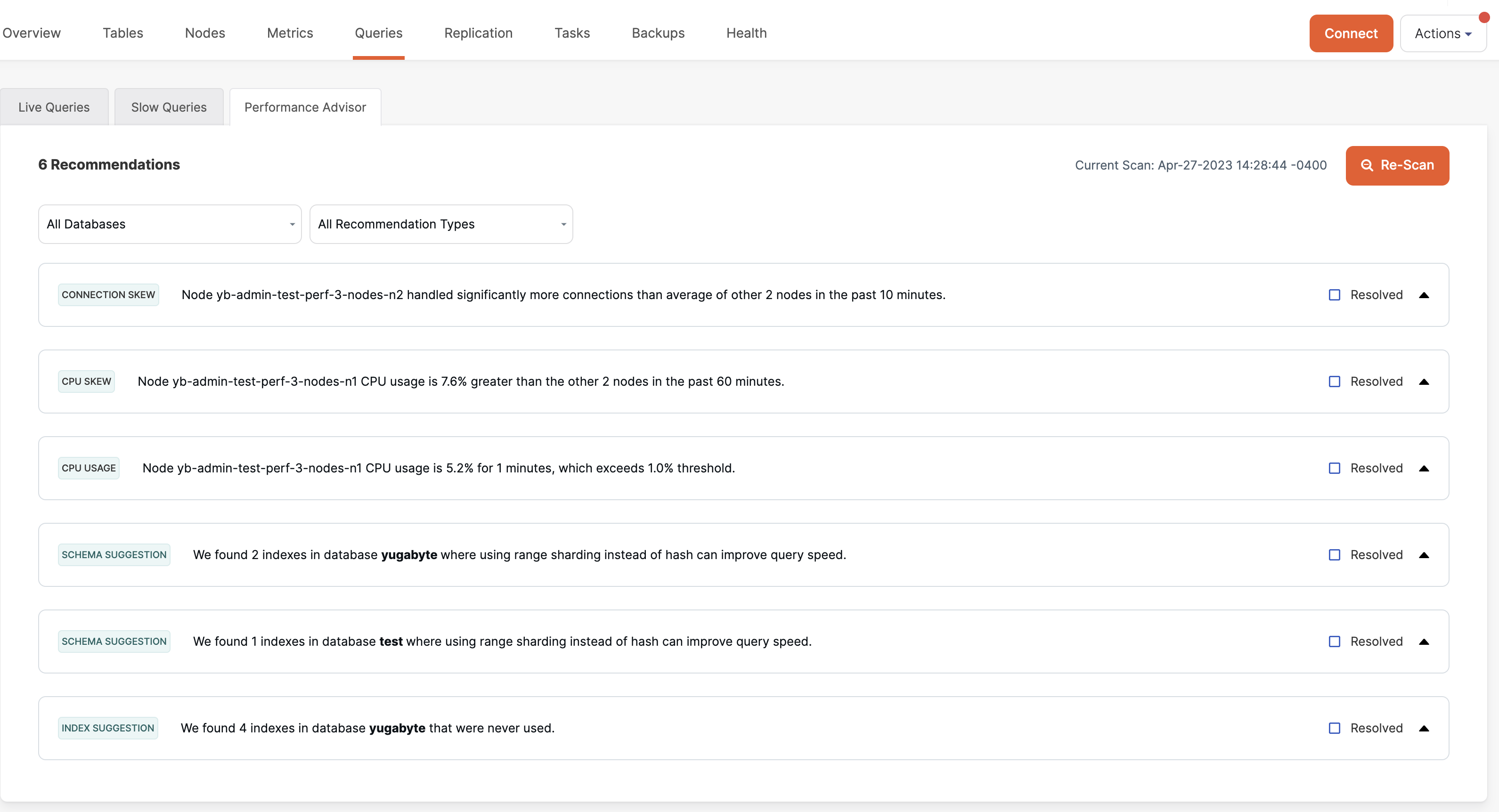 Performance Advisor recommendations Performance Advisor recommendations